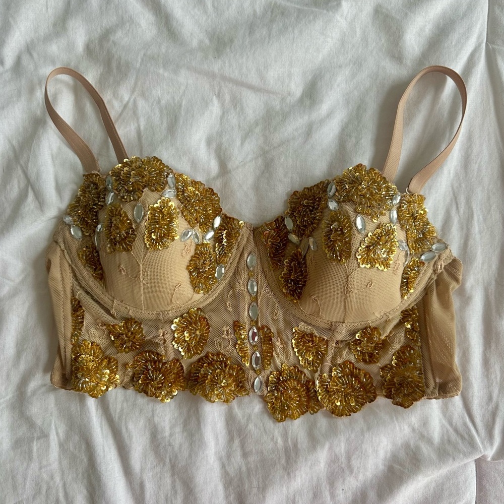 ✨ SOLD ✨ Beaded Rhinestone Beige Gold Adjustable Strap Bustier Bra Crop Top S XS